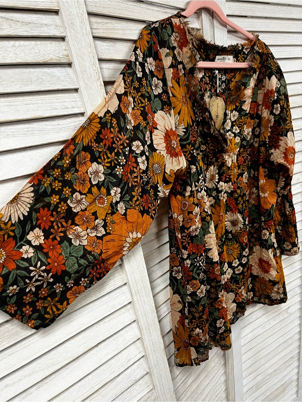 NWT Natural Life Floral Boho Peasant Blouse Fringe Neck XXL - Picture 3 of 5